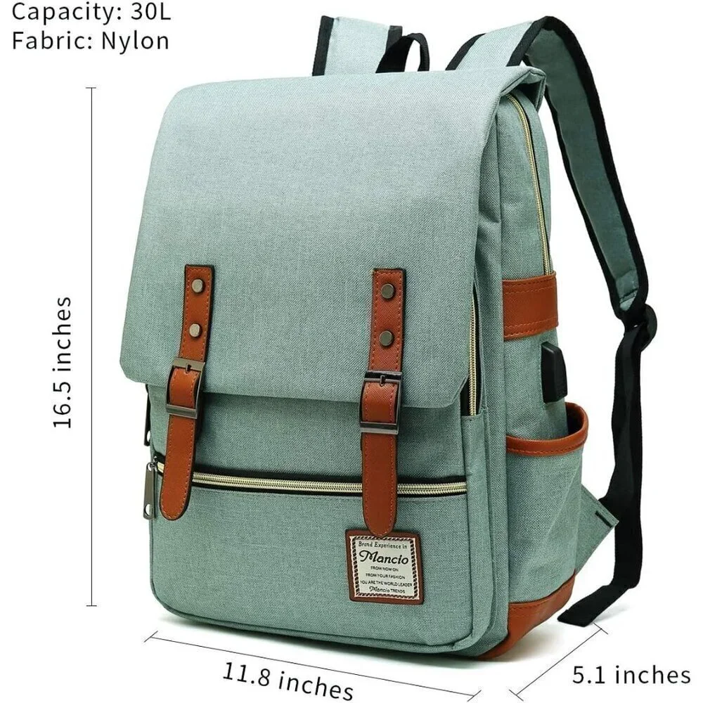 Mancio Vintage Laptop Backpack green USB Charging Port Men,Women Travelling, bag